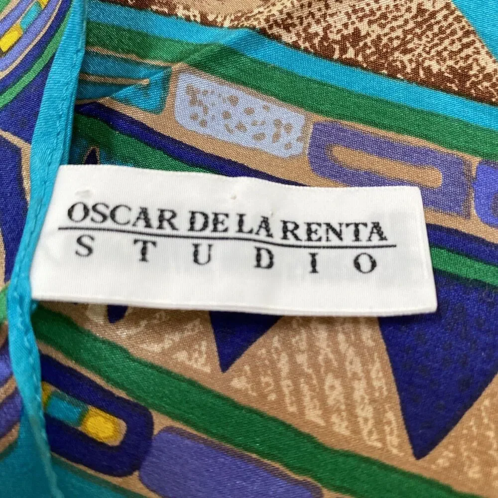 Vintage Oscar De La Renta Silk Scarf Pointy Ends Necktie Jungle Flowers Blue Tan